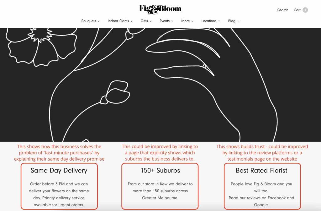 Screenshot of the homepage of https://www.figandbloom.com.au/ above the fold annotated to explain what works and what could be improved